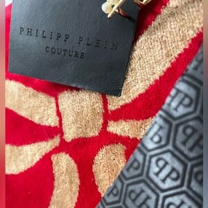 Philipp Plein Red & Beige Textured Floral Accent with Monogram Trim